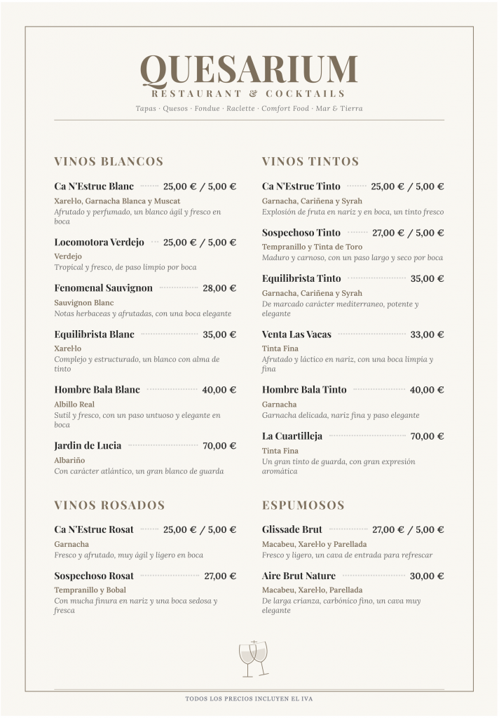 Quesarium - Carta de Vinos (1) Quesarium Restaurante coctelería vinos locales Carta de vinos con selección de vinos catalanes: Garnacha, Xarel·lo